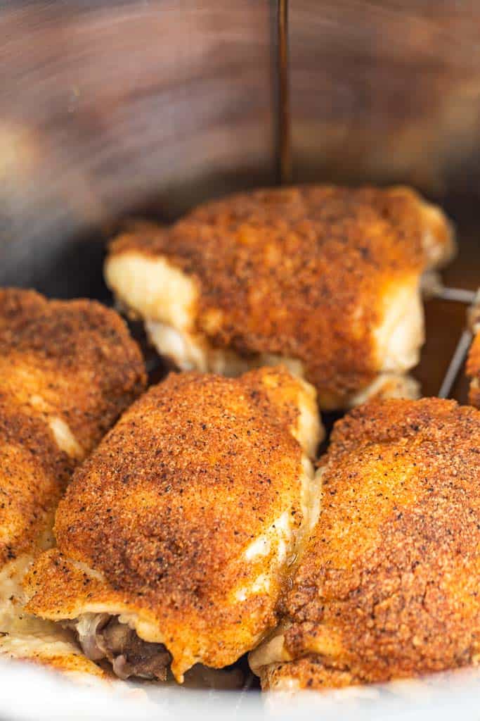 close up view of chicken thighs in instant pot