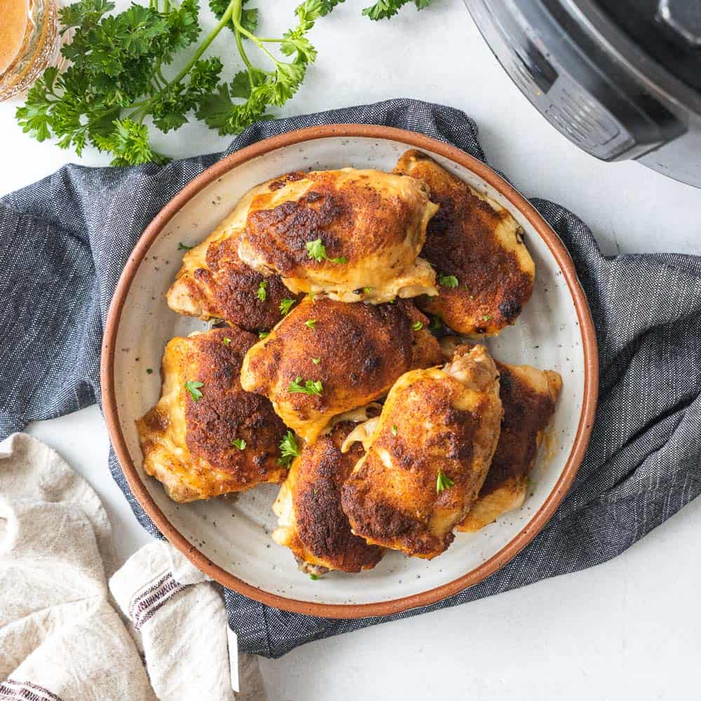 top down view of crispy chicken thighs