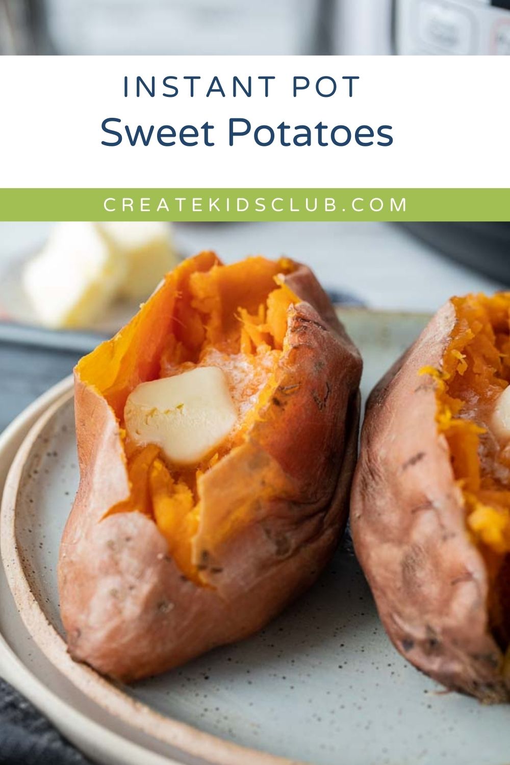 Two sweet potatoes on a plate with butter melting.