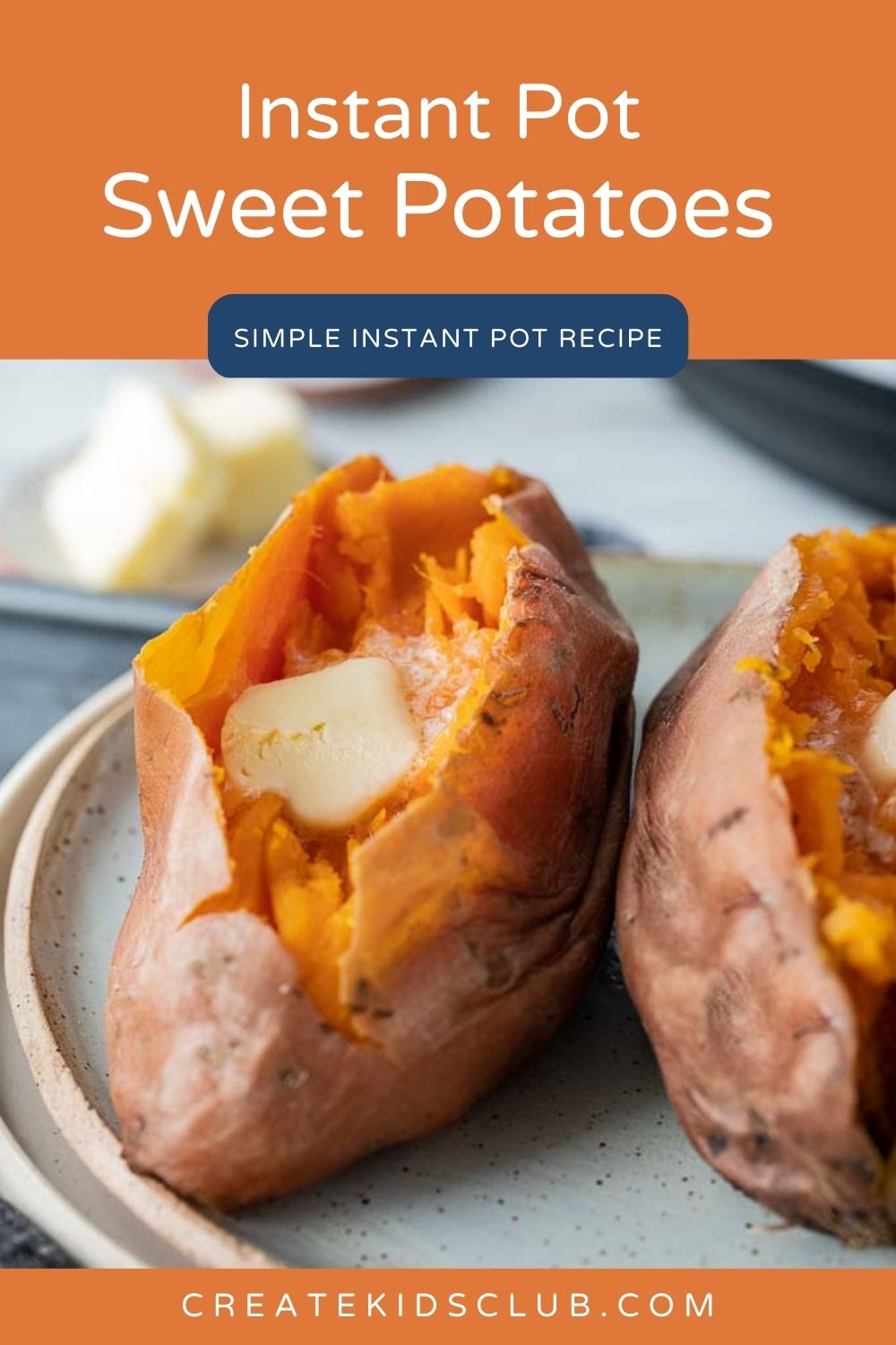 Two sweet potatoes on a plate with butter melting.