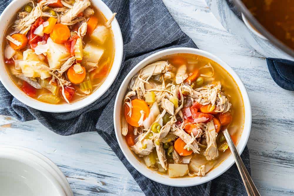 top down view of two bowls filled with stew