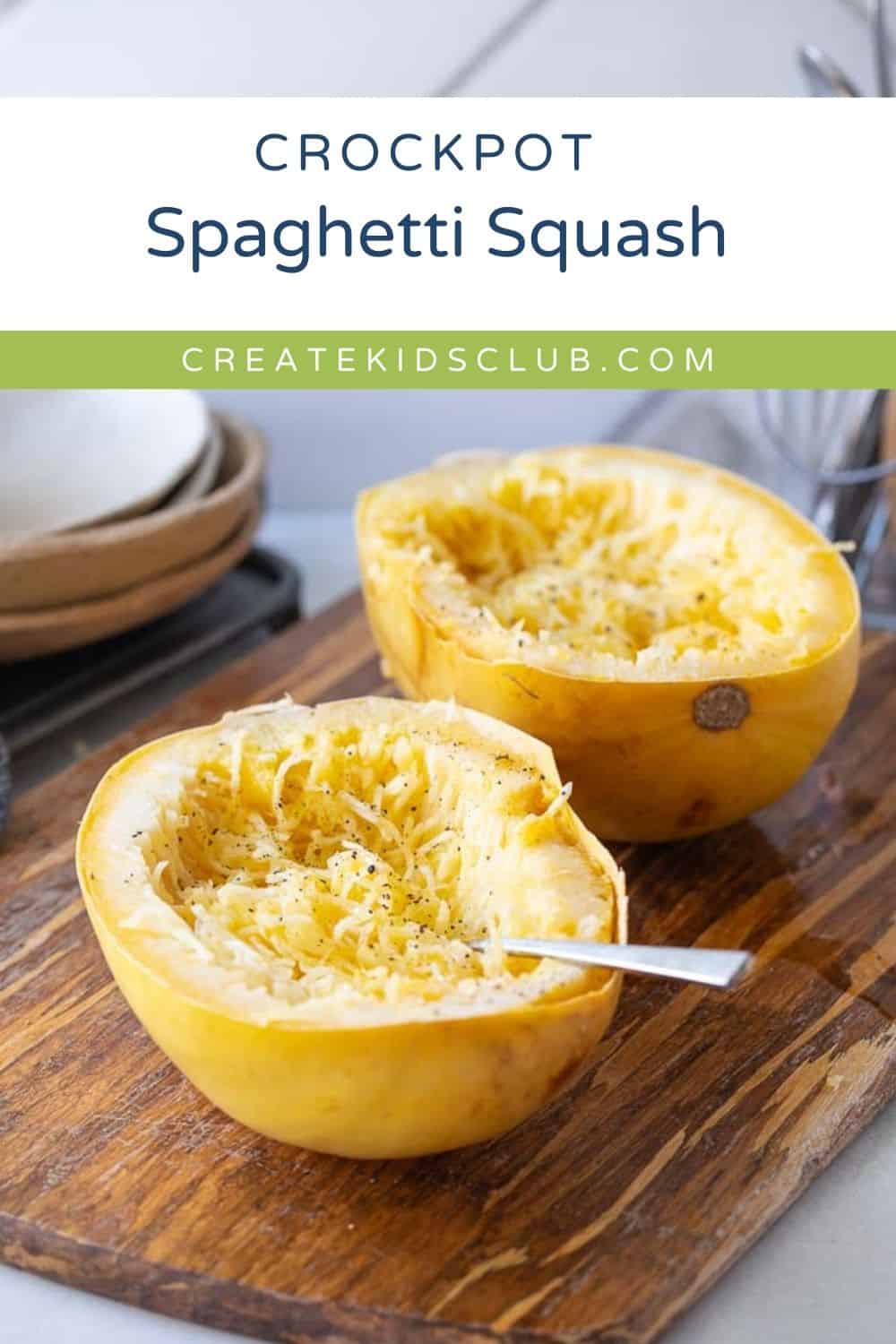 a pin showing spaghetti squash sliced in half