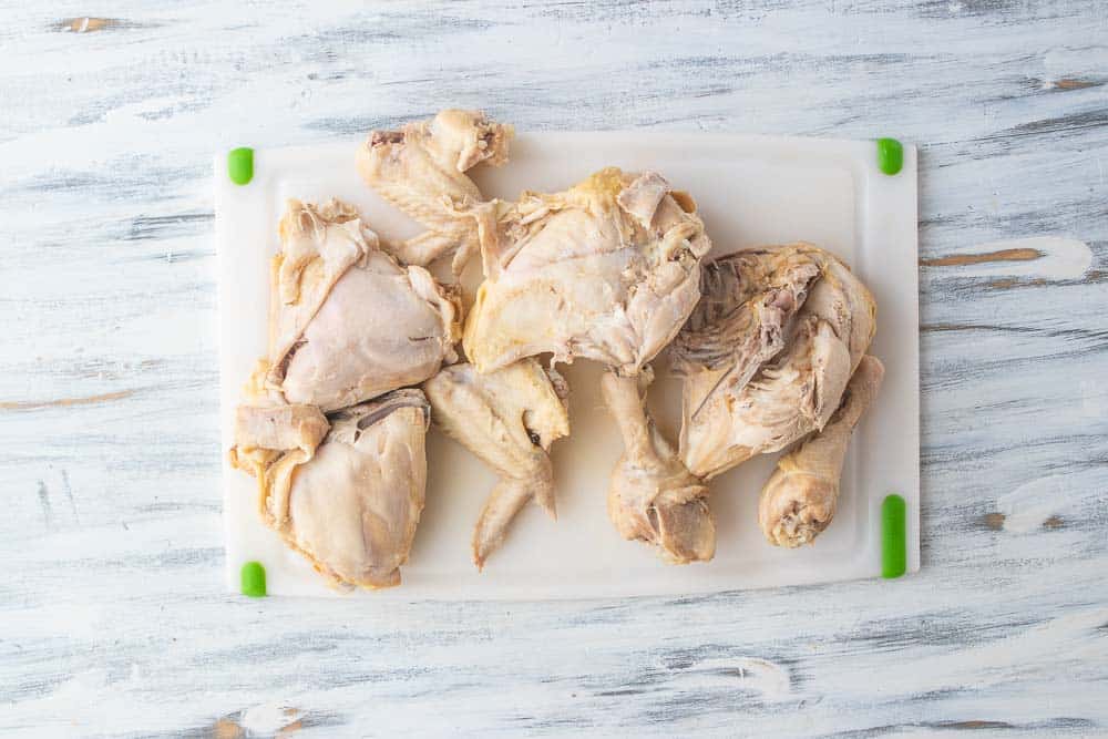 top down shot of boiled chicken pieces