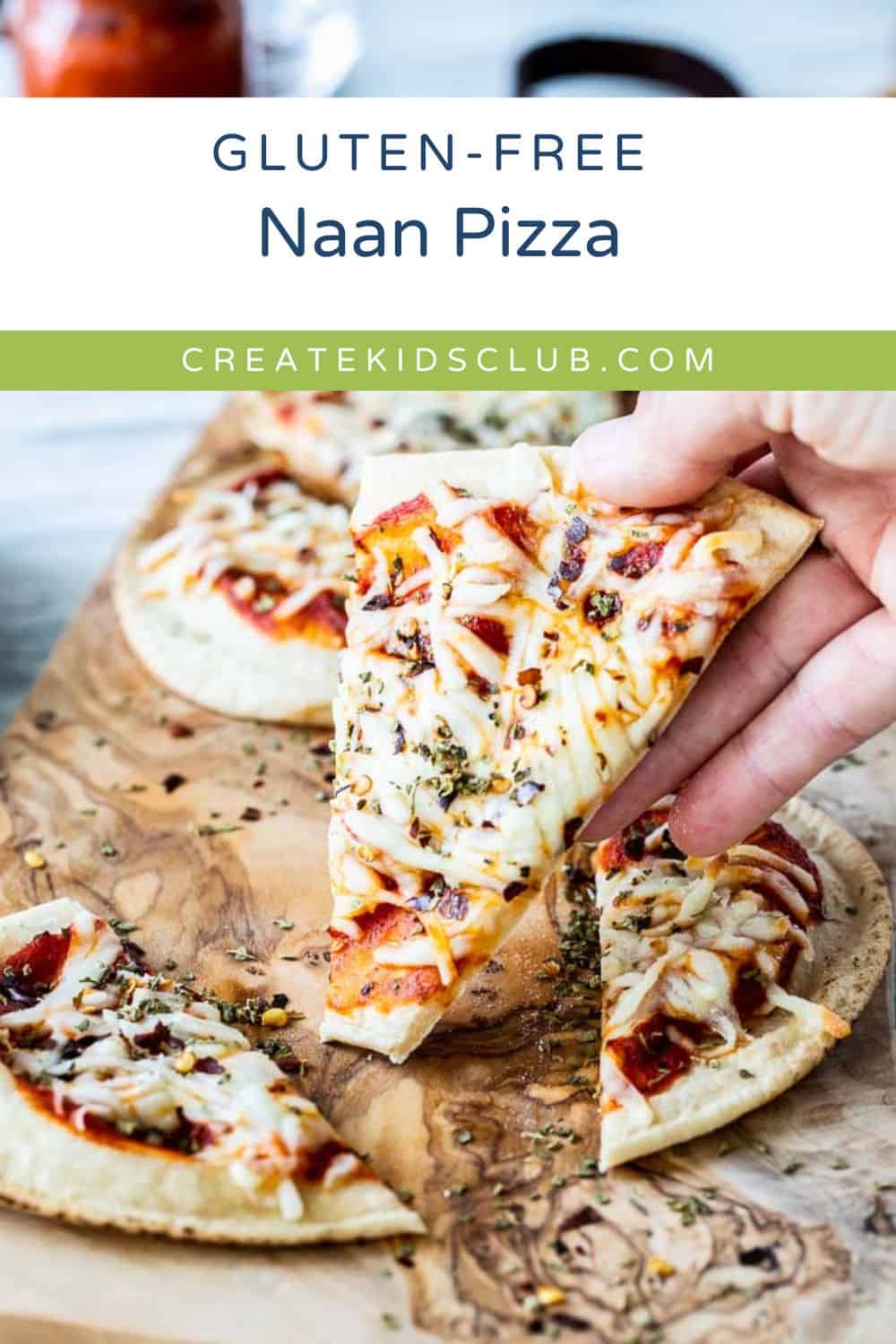a pin showing gluten free naan pizza with a hand holding up a slice