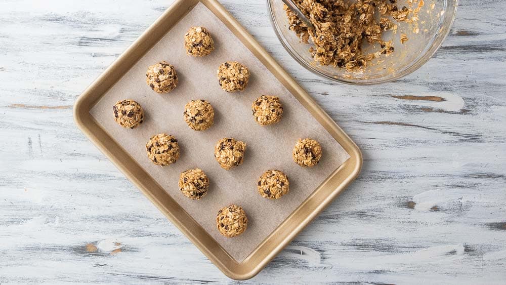 top down shot of peanut butter bites on sheet pan