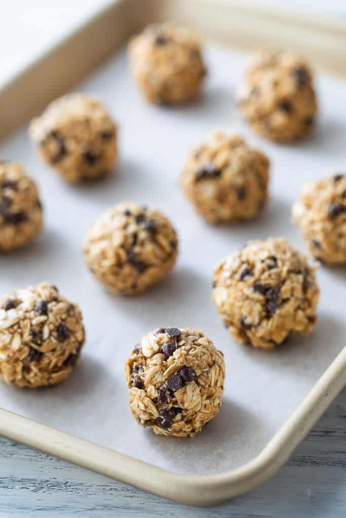 side view of oatmeal bites on sheet pan