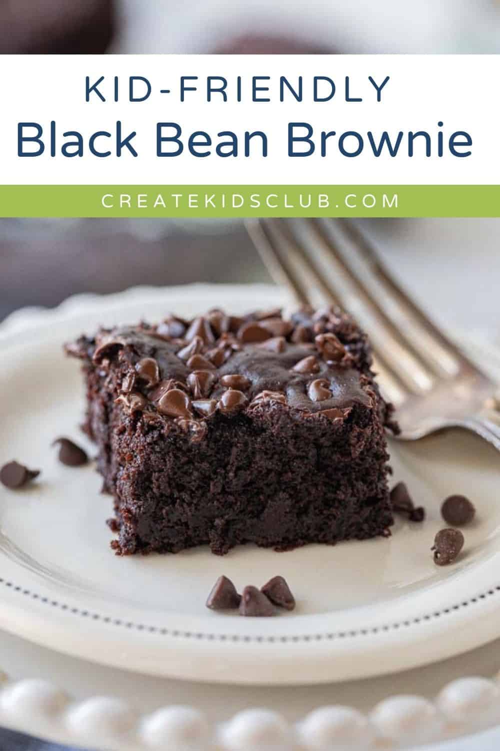 pin image of black bean brownie on a plate