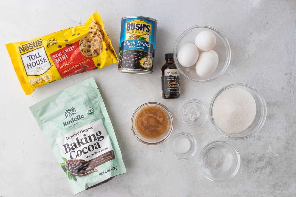 wet and dry ingredients for black bean brownies displayed