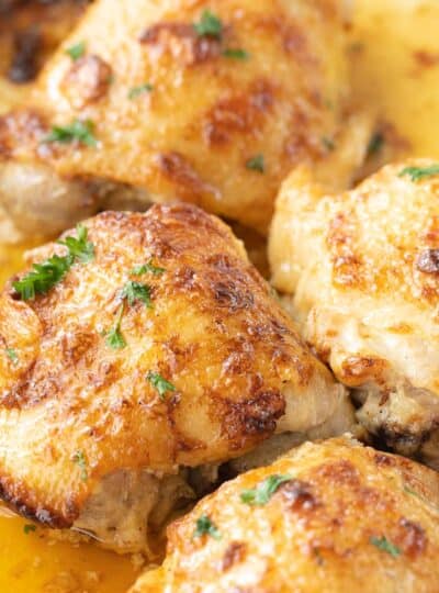 close up view of baked chicken thighs