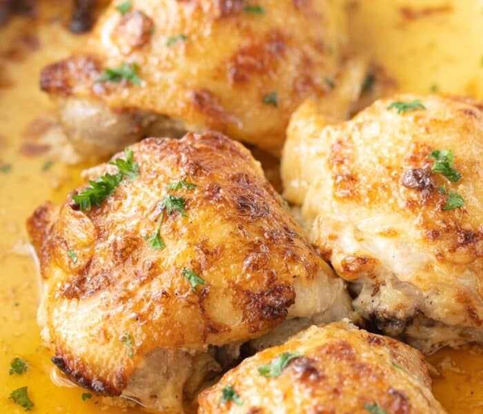 close up view of baked chicken thighs