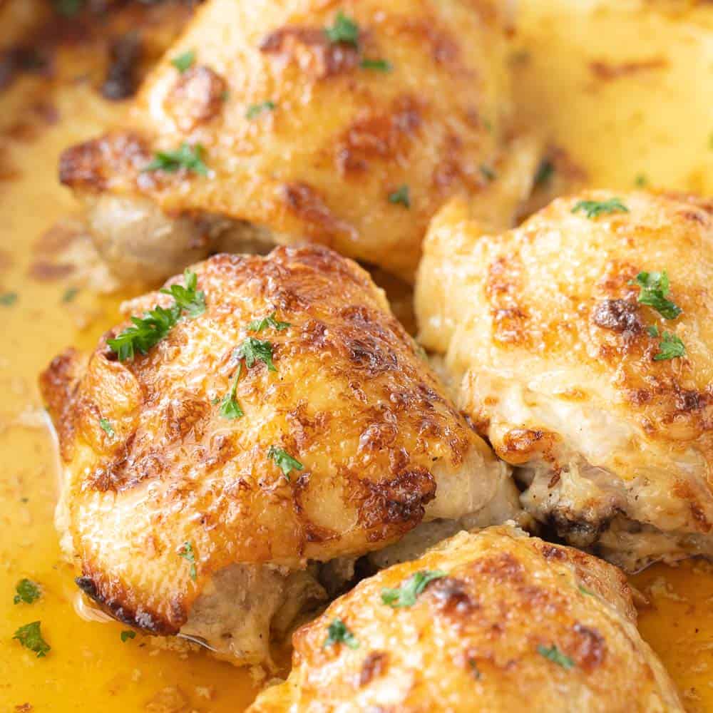 close up view of baked chicken thighs