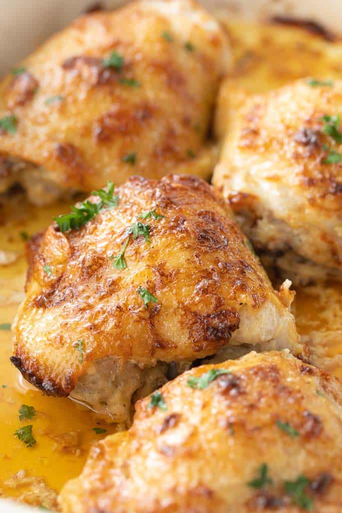 close up of baked chicken thigh