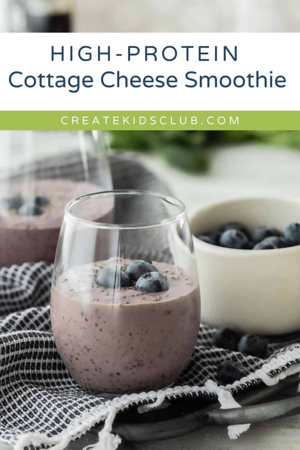 pin of a cottage cheese smoothie with blueberries