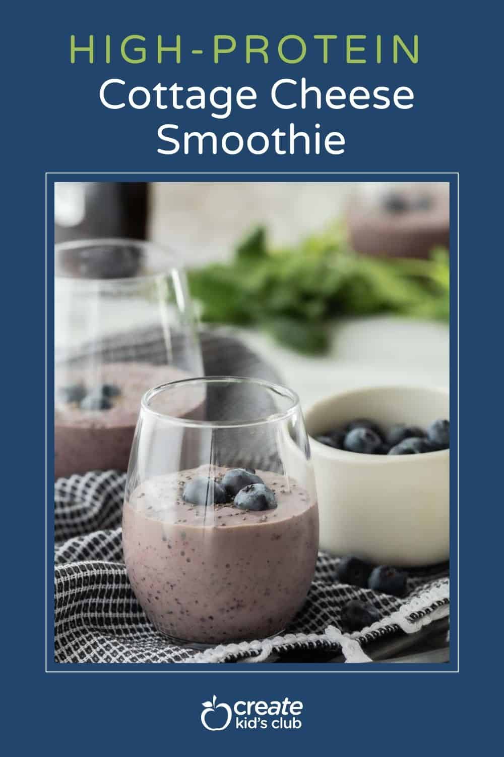 pin of a cottage cheese smoothie with blueberries