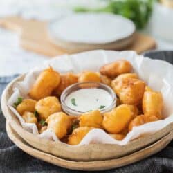 fried cheese curds in serving bowl