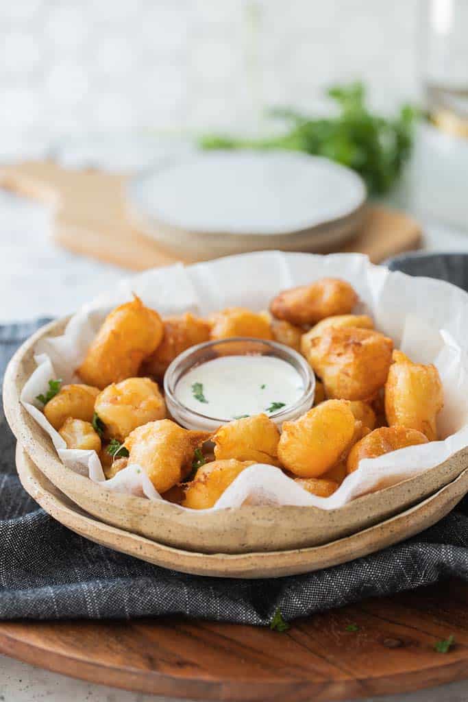 fried cheese curds in serving bowl