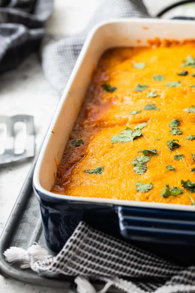 beef enchilada casserole in baking dish