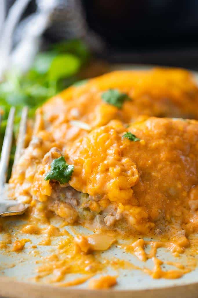 close up view of beef enchilada casserole