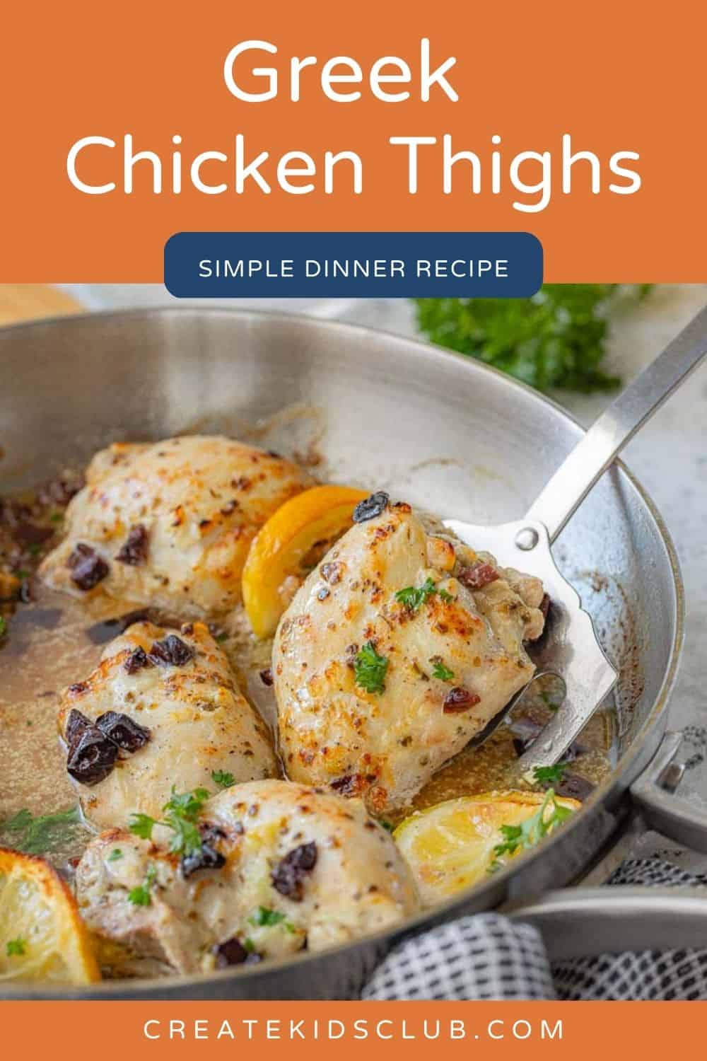 a pin of Greek chicken thighs in a skillet