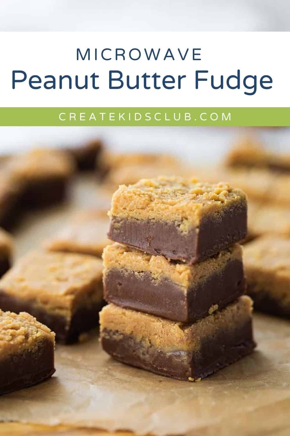 a pin of peanut butter fudge stacked three tall