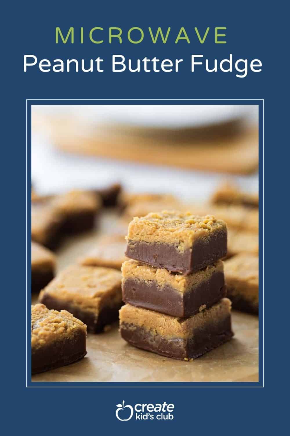 a pin of peanut butter fudge stacked three tall