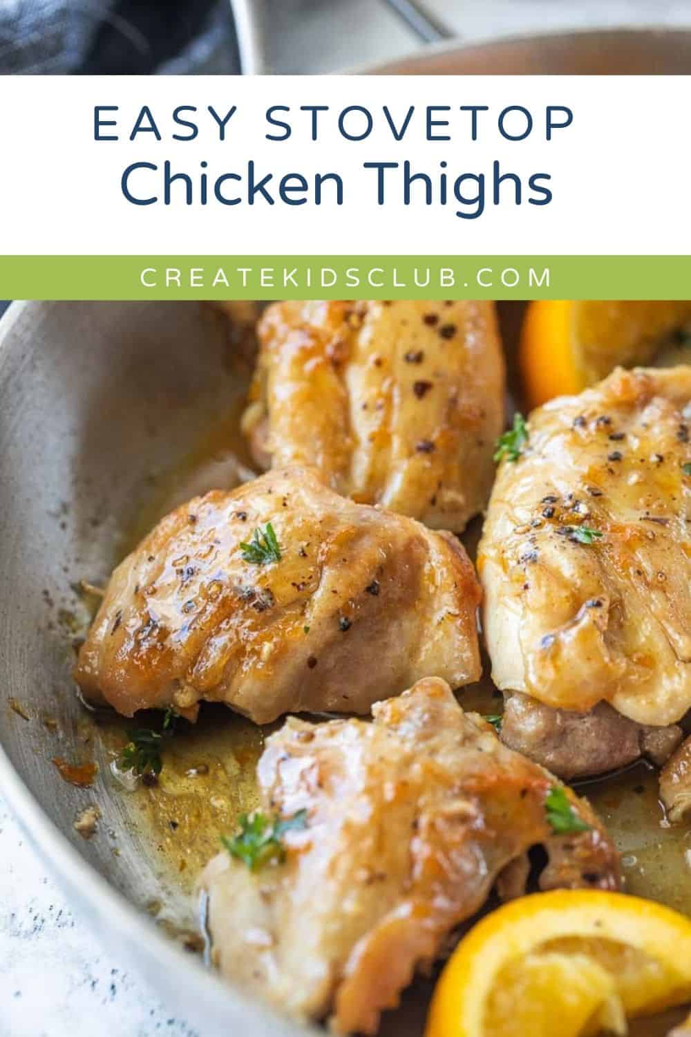 pin of stove top chicken thighs in a skillet