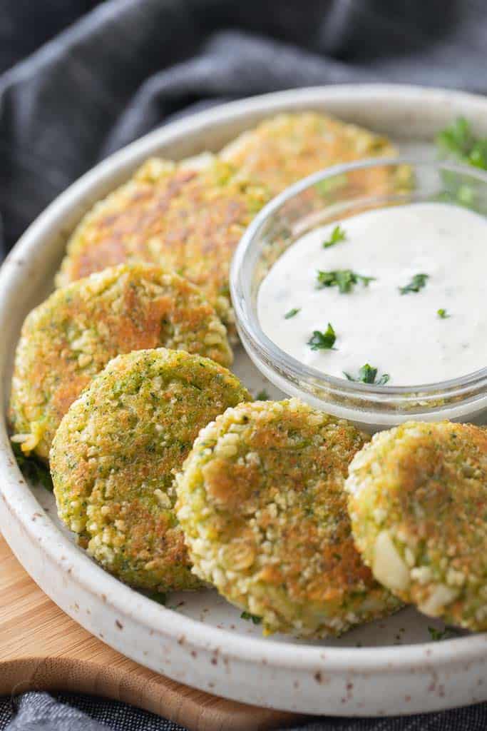 veggie nuggets displayed on plate with sauce in center