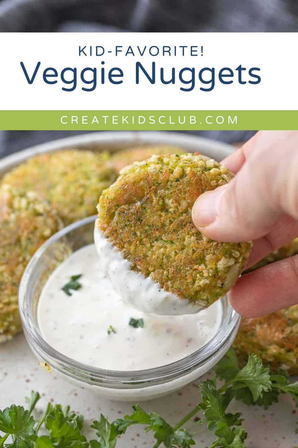a pin of veggie nuggets being dipped in ranch