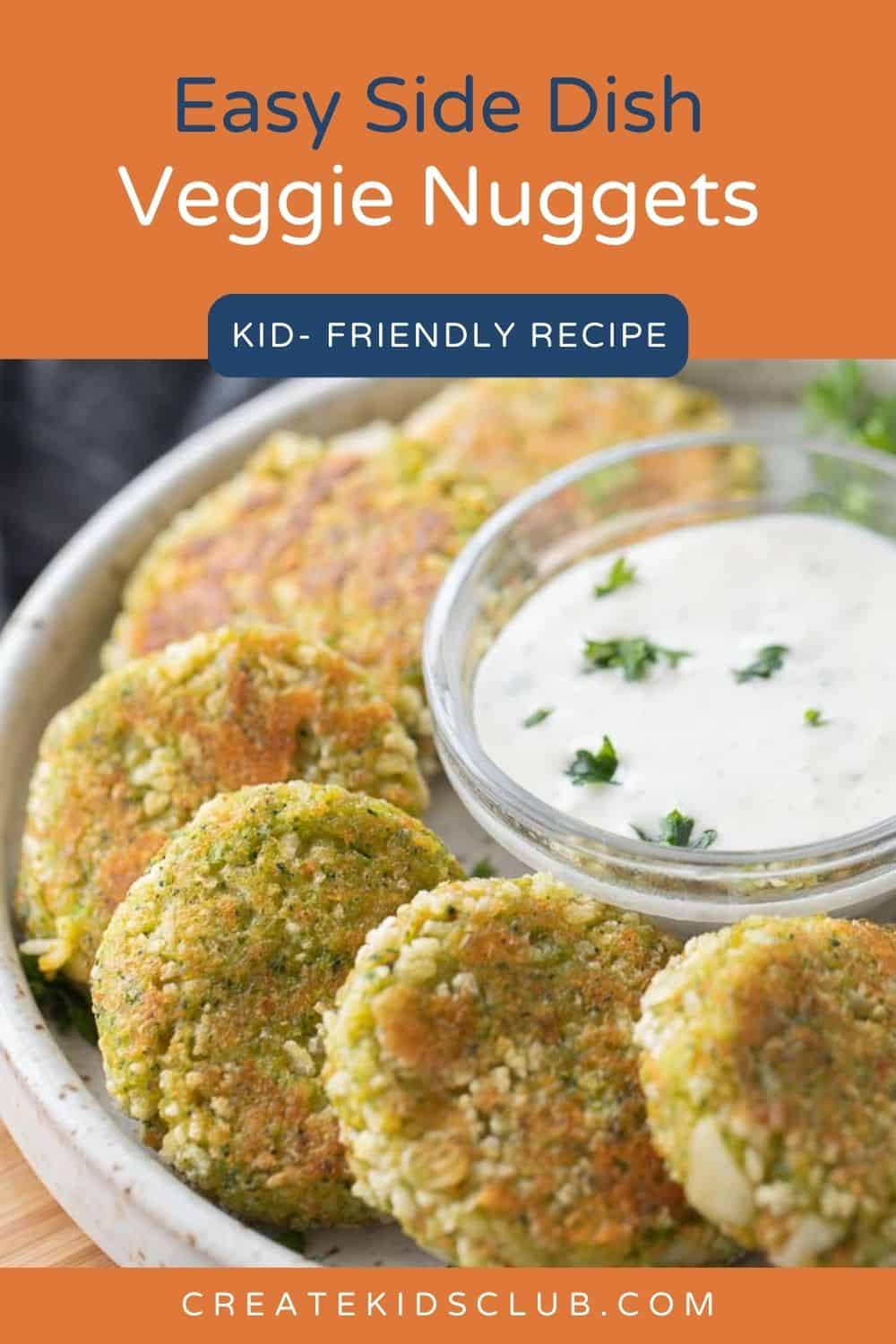 a pin of veggie nuggets on a plate with ranch