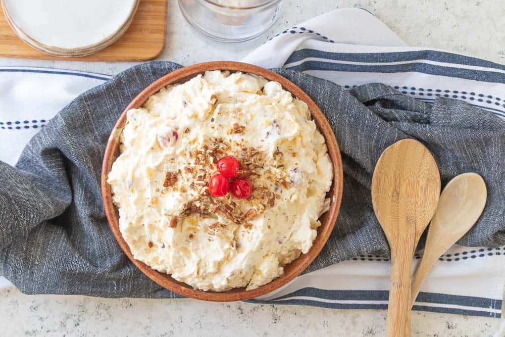 top down view of pineapple fluff in serving bowl