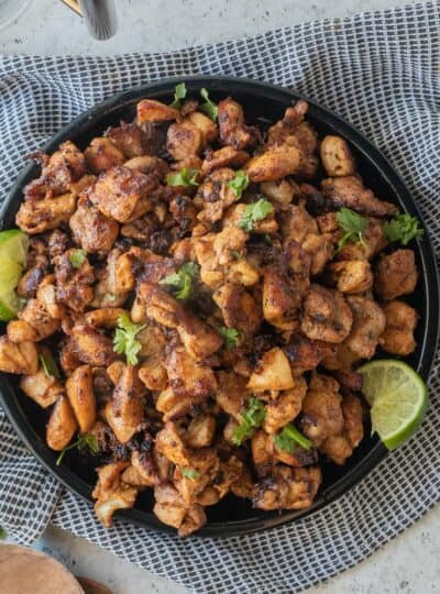 top down view of qdoba chicken on a platter