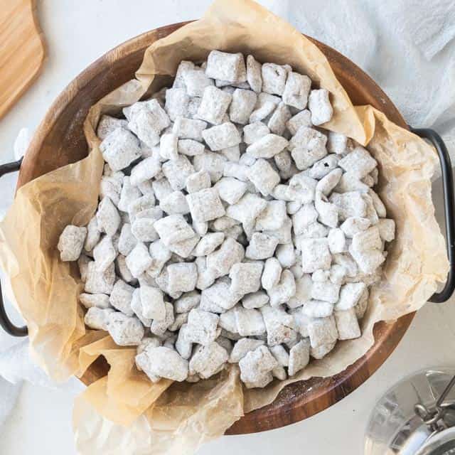 Chex mix muddy buddies in serving bowl