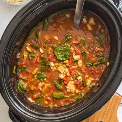 top down shot of soup in a crockpot