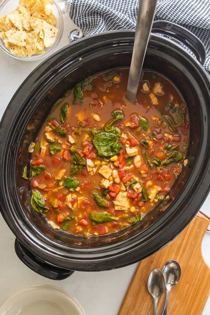 top down shot of soup in a crockpot