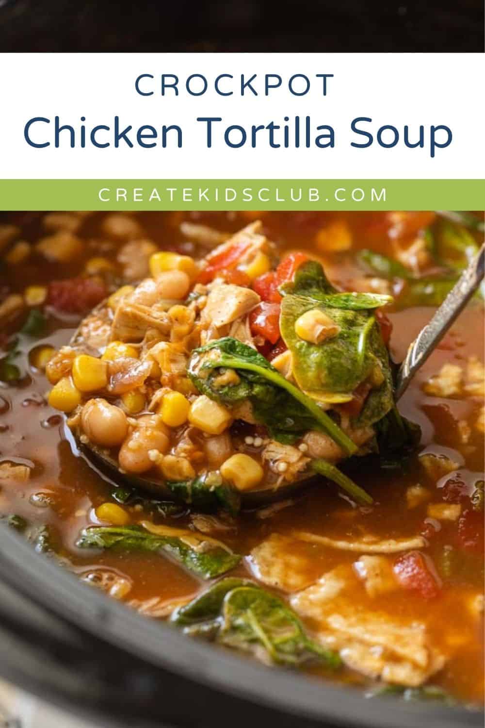 a pin of crock pot chicken tortilla soup with a ladle scooping