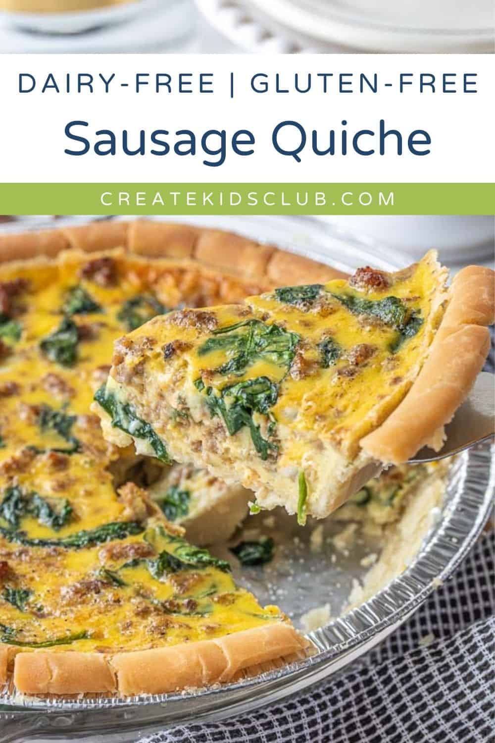 Pin of a dairy free quiche in a pan with a slice being removed