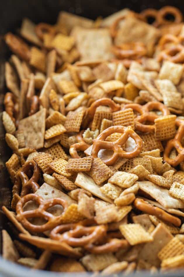 close up of gluten free Chex mix in a roasting pan