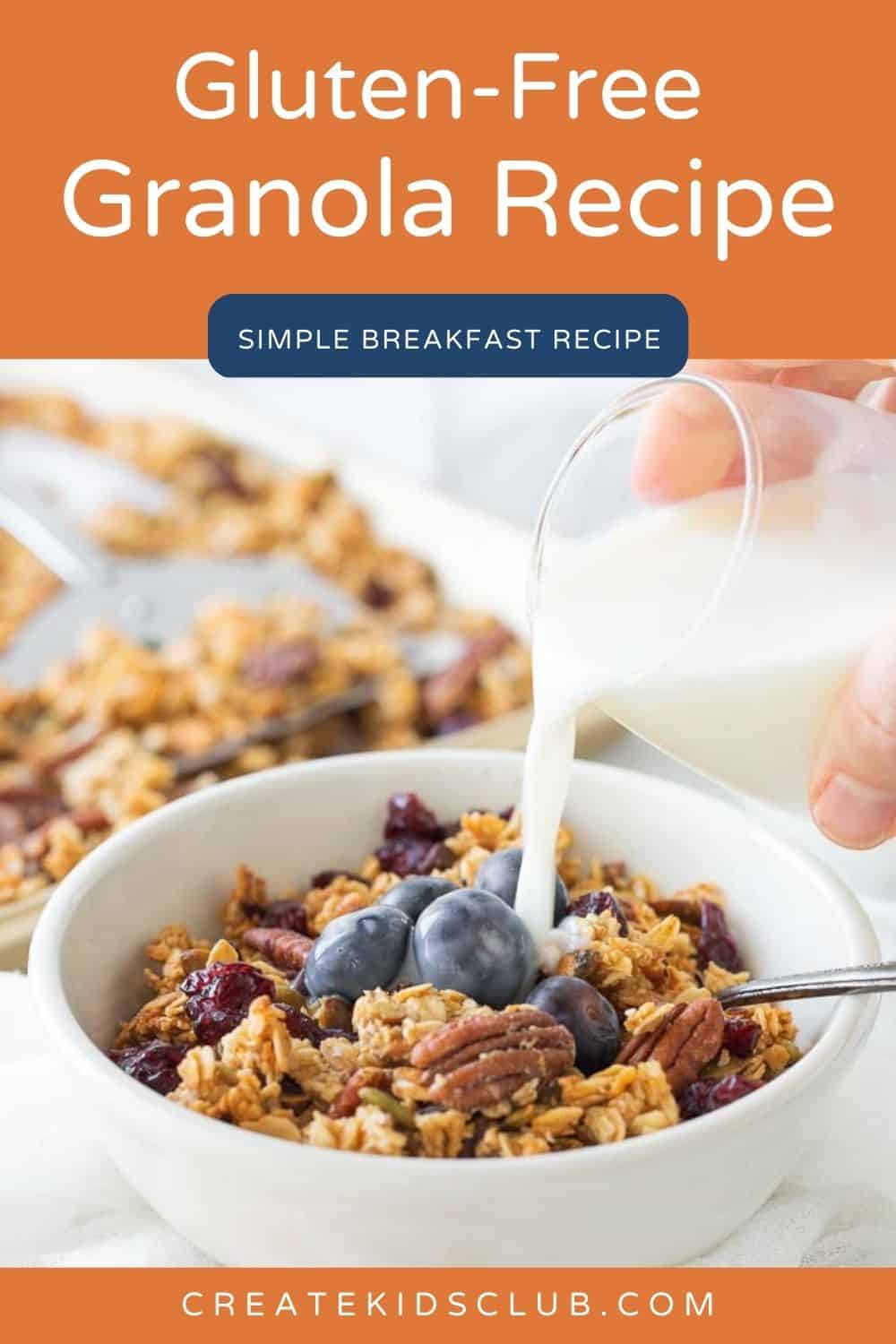 pin of gluten free granola in a bowl with milk being poured on to it