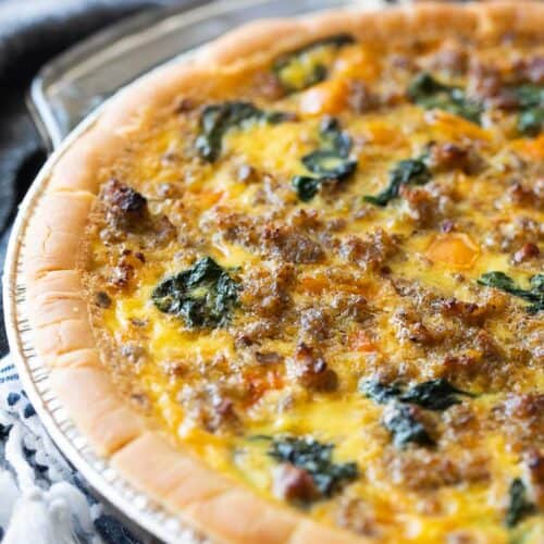 sausage and spinach quiche in pie plate