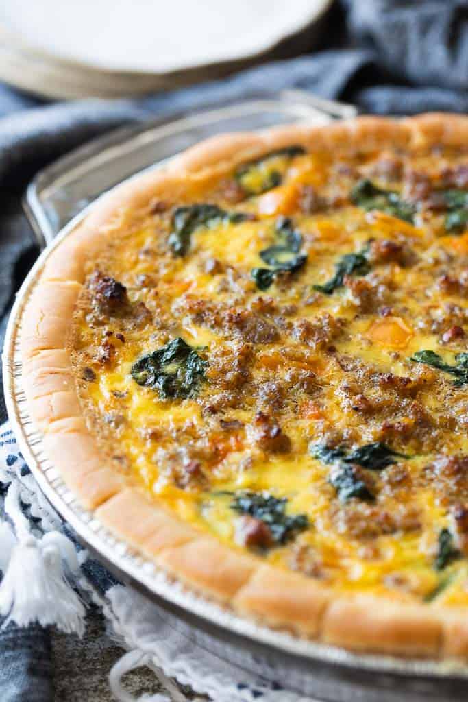 sausage and spinach quiche in pie plate