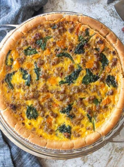 top down view of sausage and spinach quiche