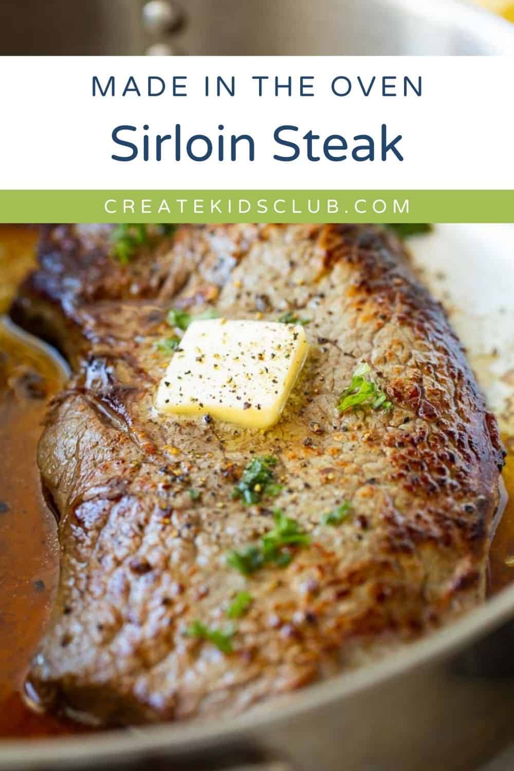 sirloin steak seared then oven baked in a pan