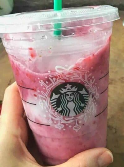 A copycat Starbucks pink drink in a Starbucks cup