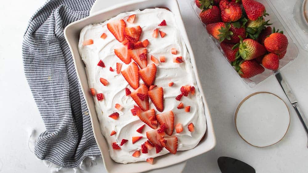 top down view of strawberry jello cake