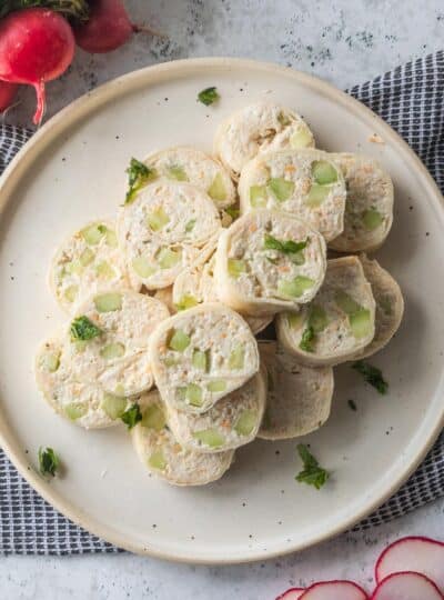 top down view of chicken pinwheels on a plate