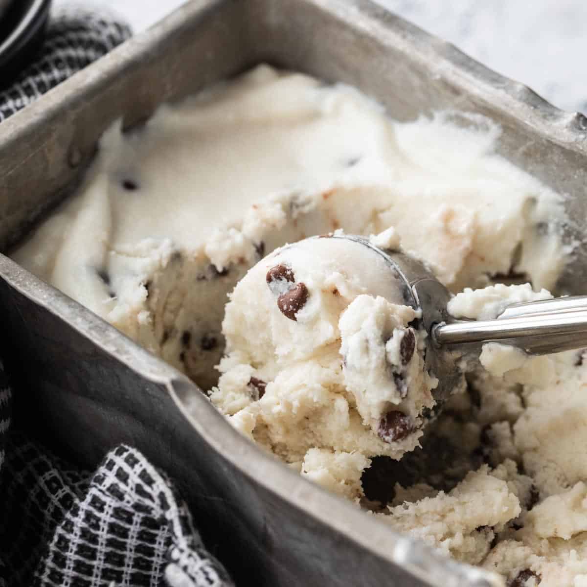 close up view of ice cream scooped from pan