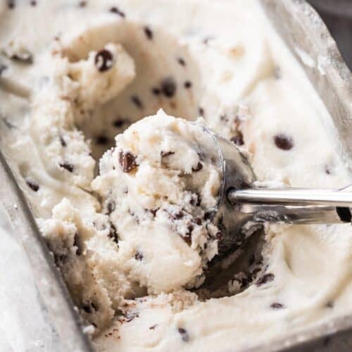 chocolate chip ice cream scooped from pan