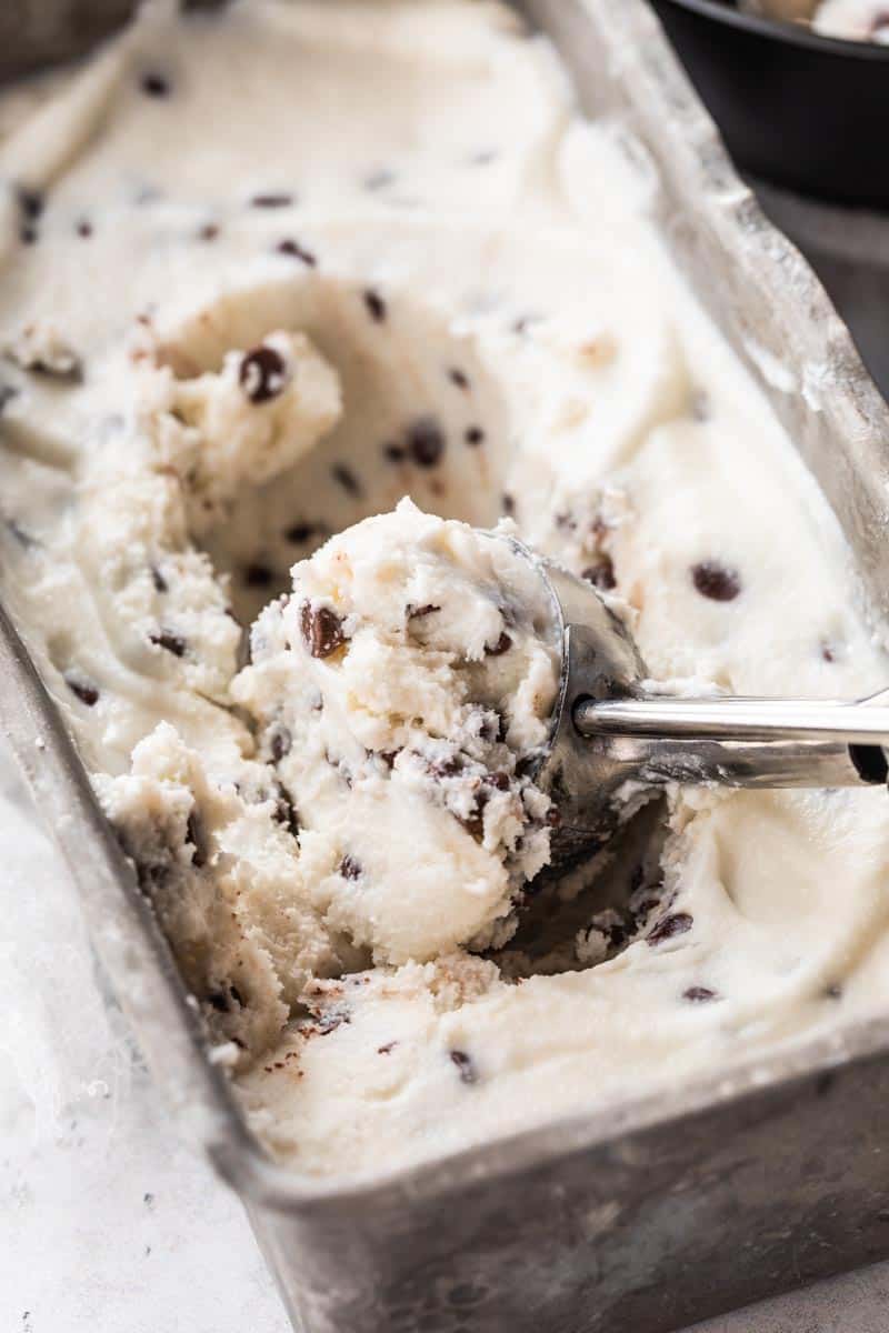 chocolate chip ice cream scooped from pan