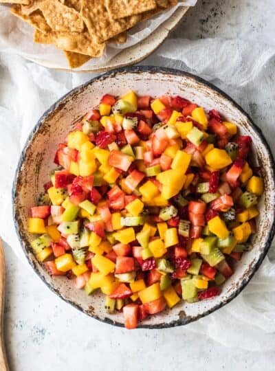 top down view of fruit salsa in large serving bowl