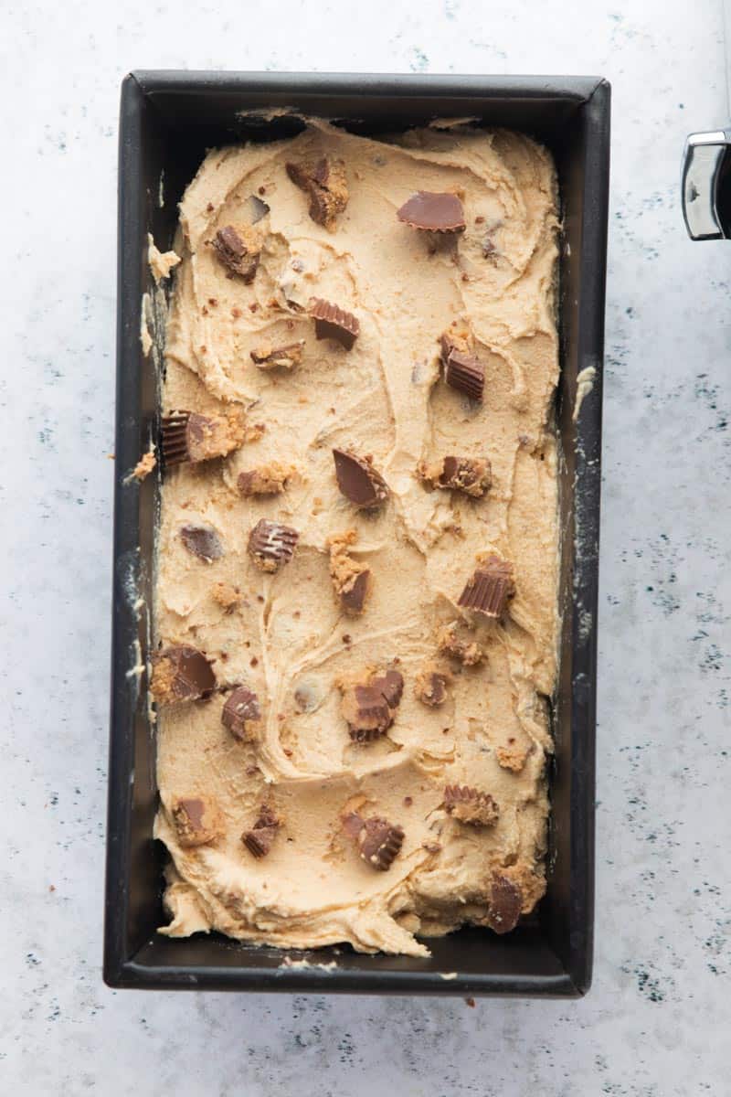 top down view of ice cream topped with peanut butter cups